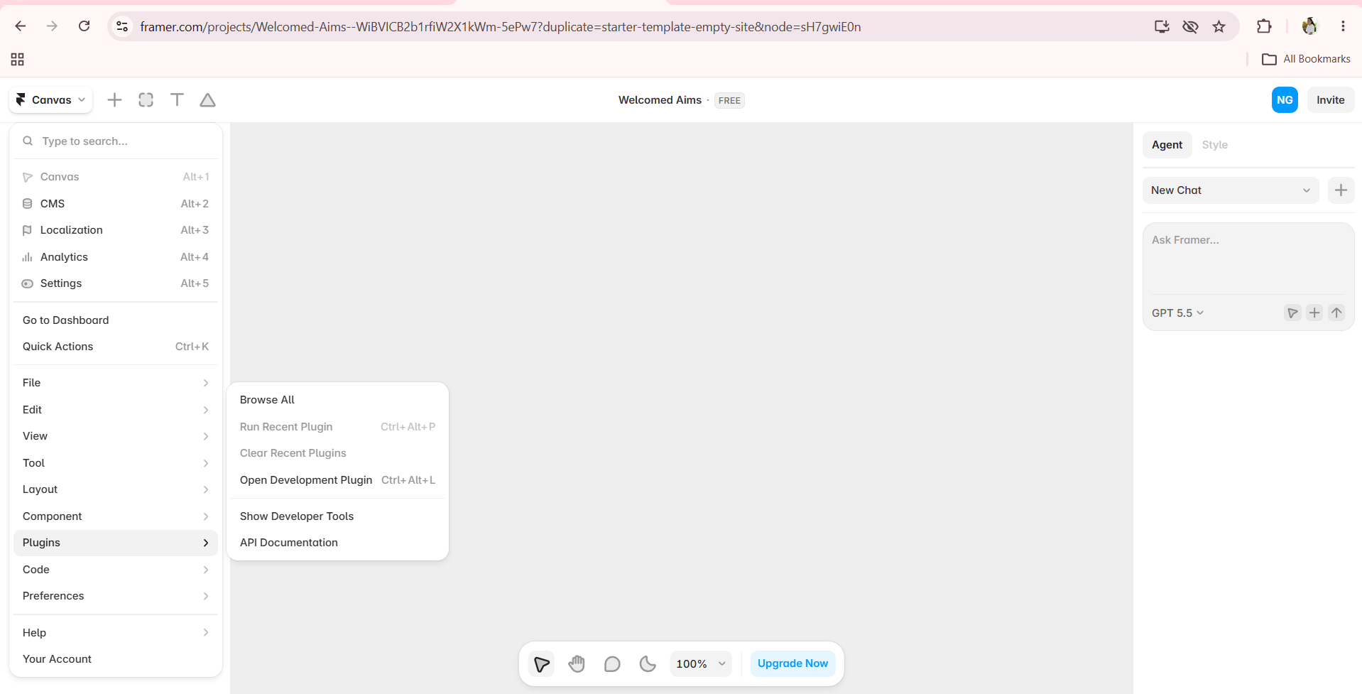Opening the Plugins panel in the Framer editor